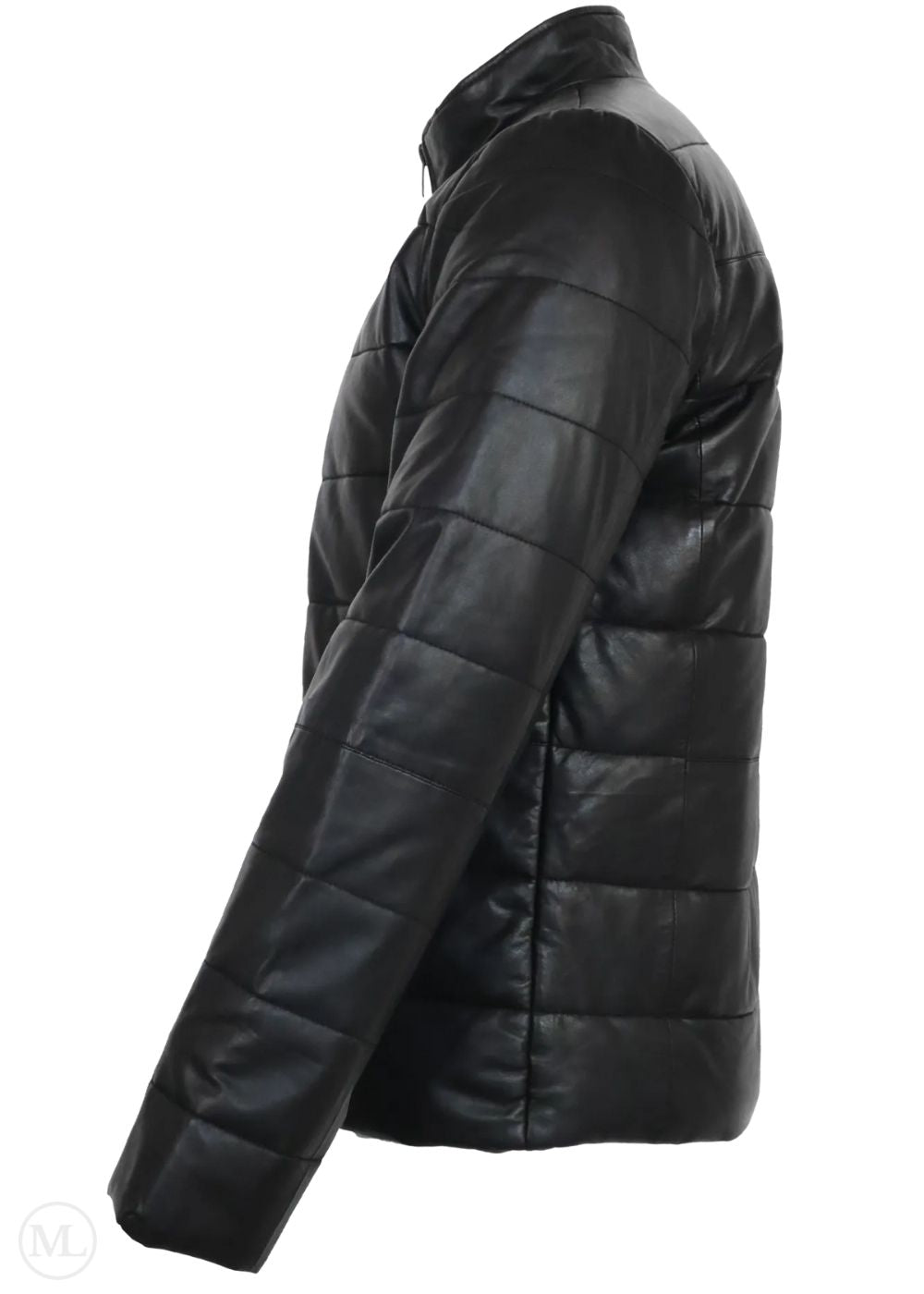 Black puffer leather jacket on a white background