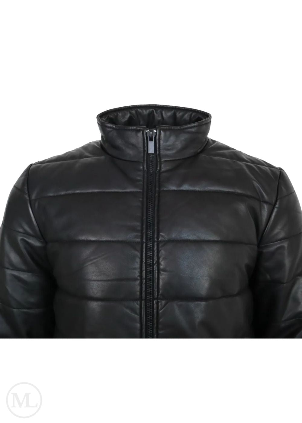 Black leather puffer jacket on a white background
