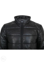Black leather puffer jacket on a white background