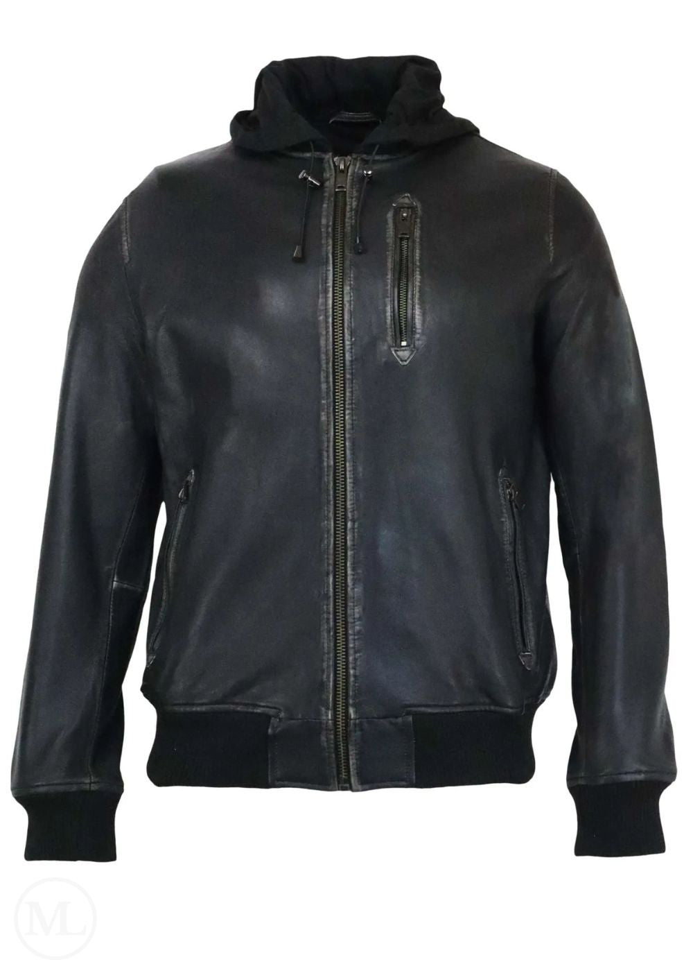 Black leather hooded bomber jacket with a hood on a white background