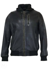 Black leather hooded bomber jacket with a hood on a white background