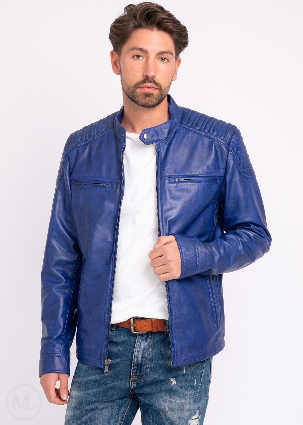 Man wearing a navy leather jacket on a white background