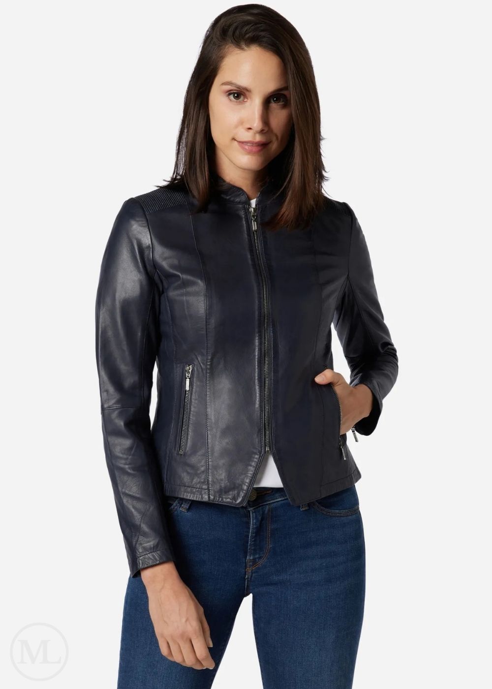 Woman wearing a blue leather jacket on a white background