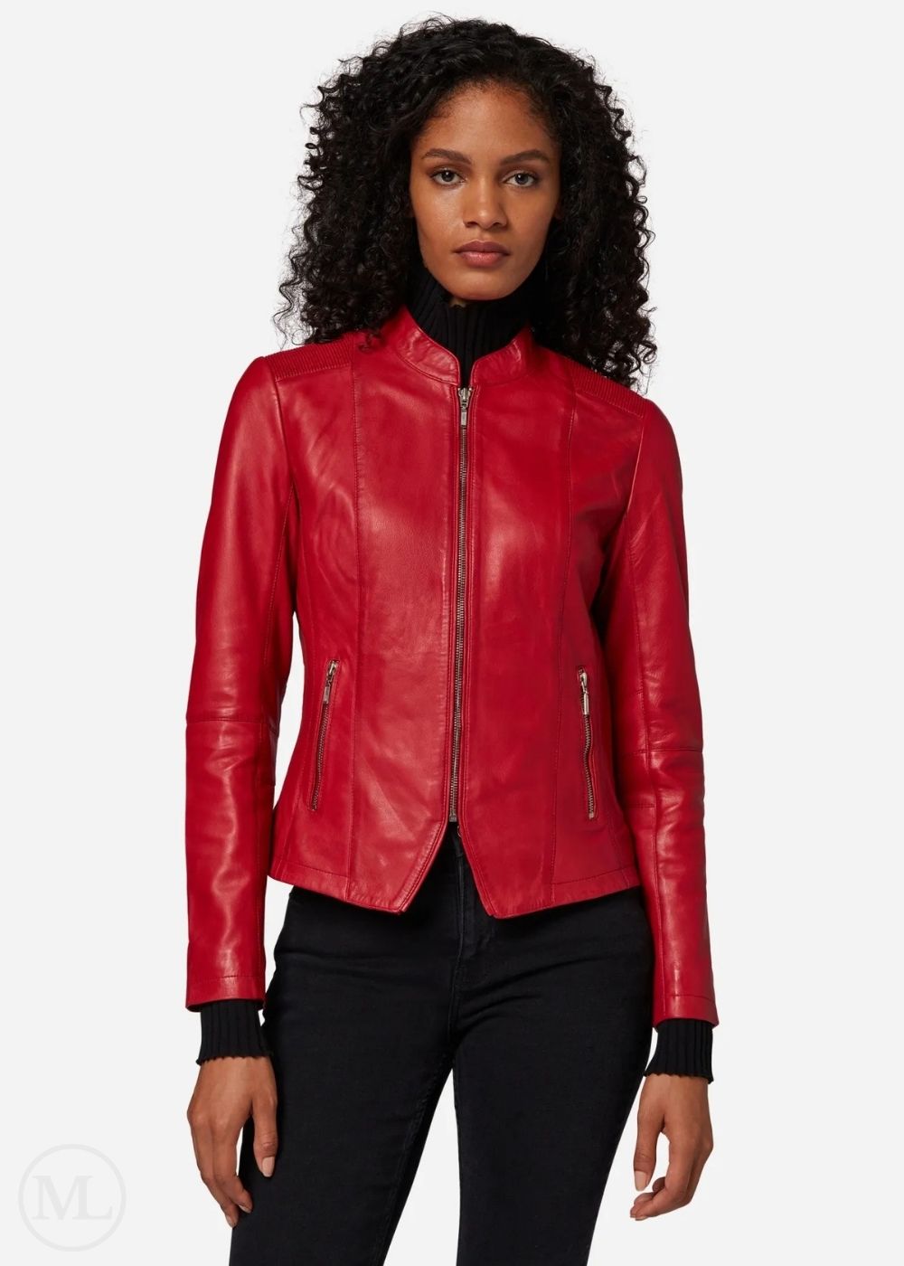 Woman wearing a red leather jacket on a white background