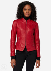 Woman wearing a red leather jacket on a white background