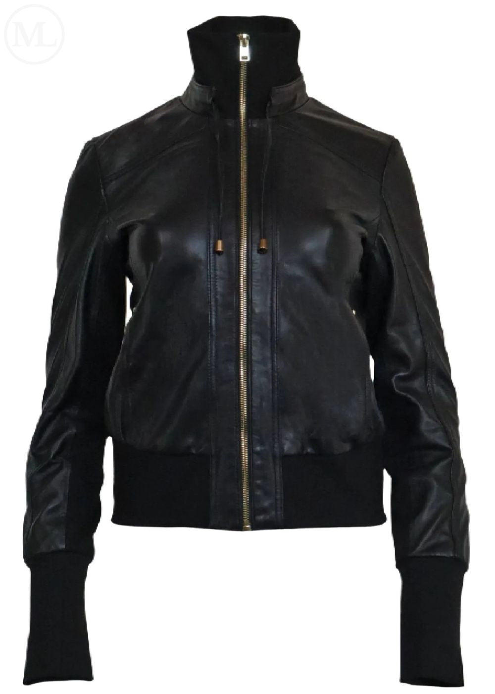 Black leather bomber jacket on a white background