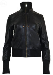 Black leather bomber jacket on a white background