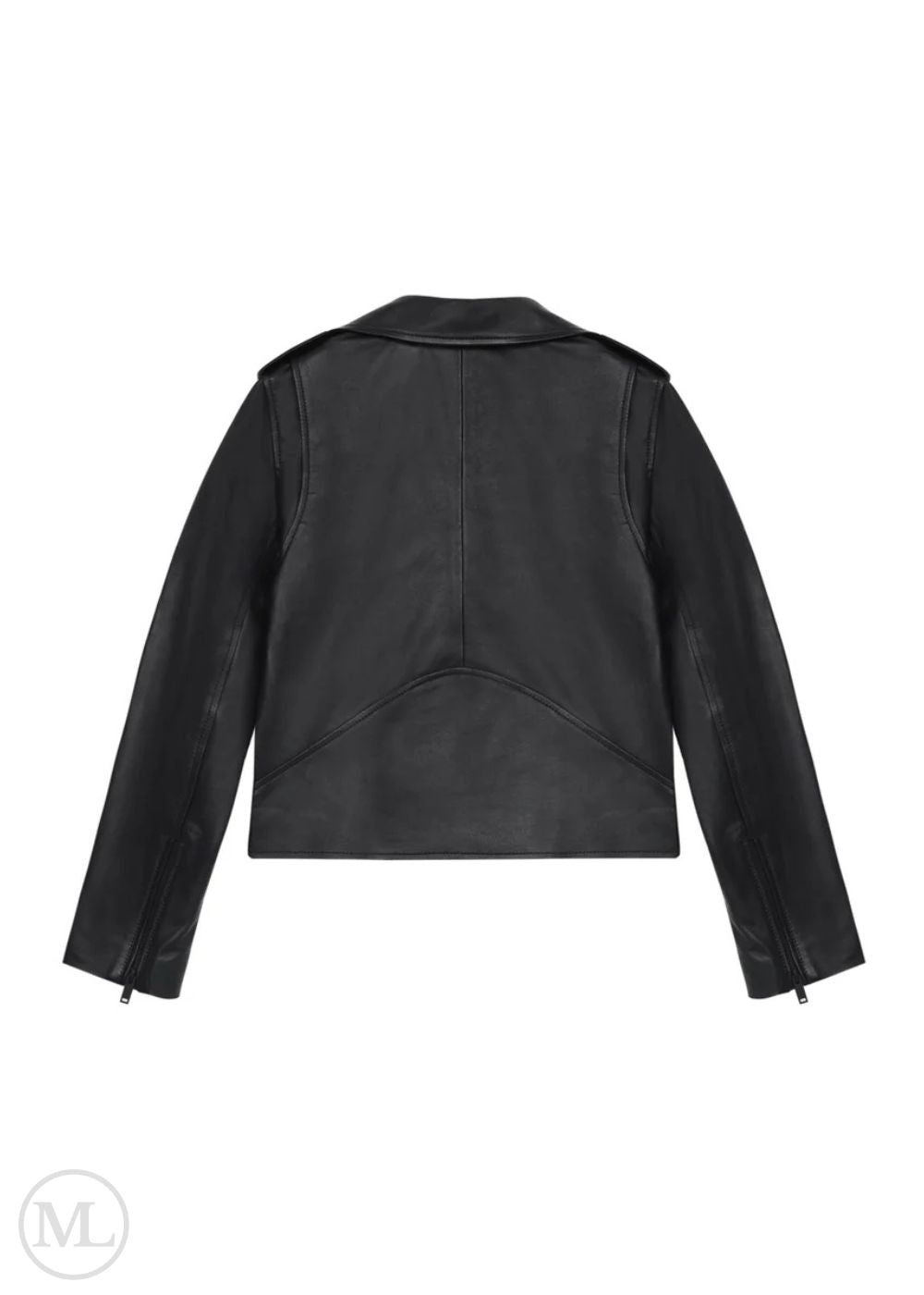 Black leather biker jacket on a white background