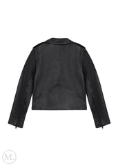 Black leather biker jacket on a white background
