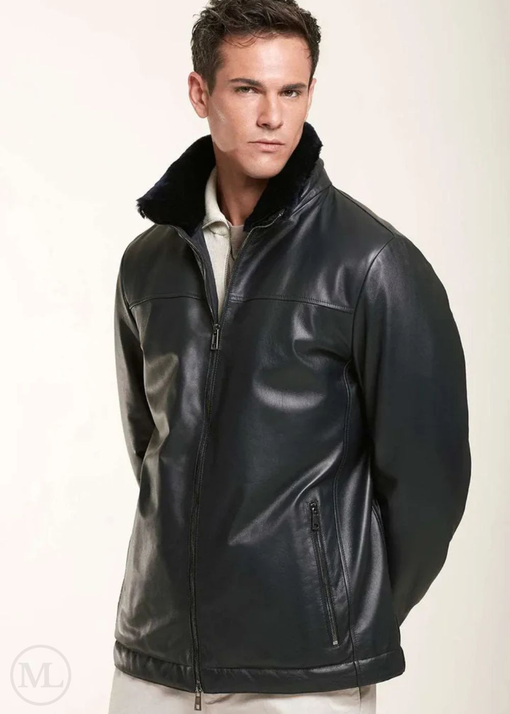 Man wearing a black leather jacket on a white background