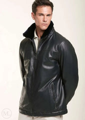 Man wearing a black leather jacket on a white background