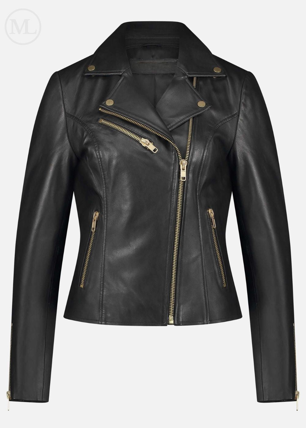 Black leather biker jacket with gold zippers on a white background