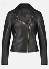 Black leather biker jacket with gold zippers on a white background