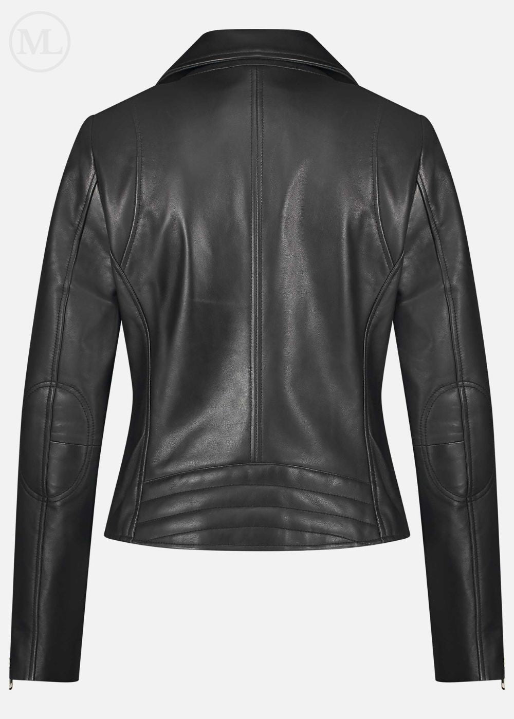 Black leather biker jacket on a white background