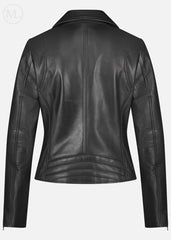Black leather biker jacket on a white background