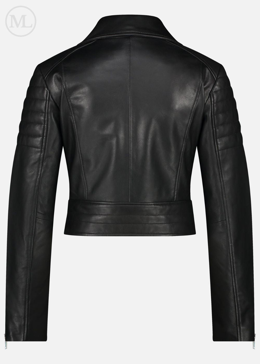 Black leather biker jacket on a white background