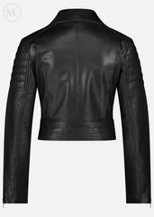 Black leather biker jacket on a white background
