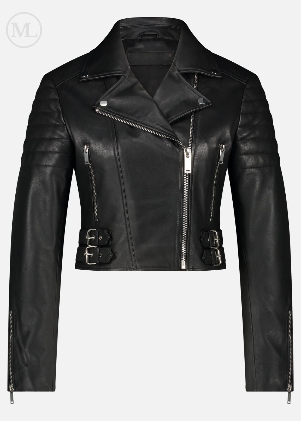 Black leather biker jacket on a white background