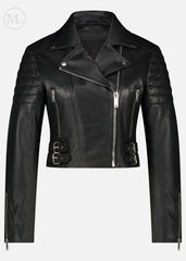 Black leather biker jacket on a white background