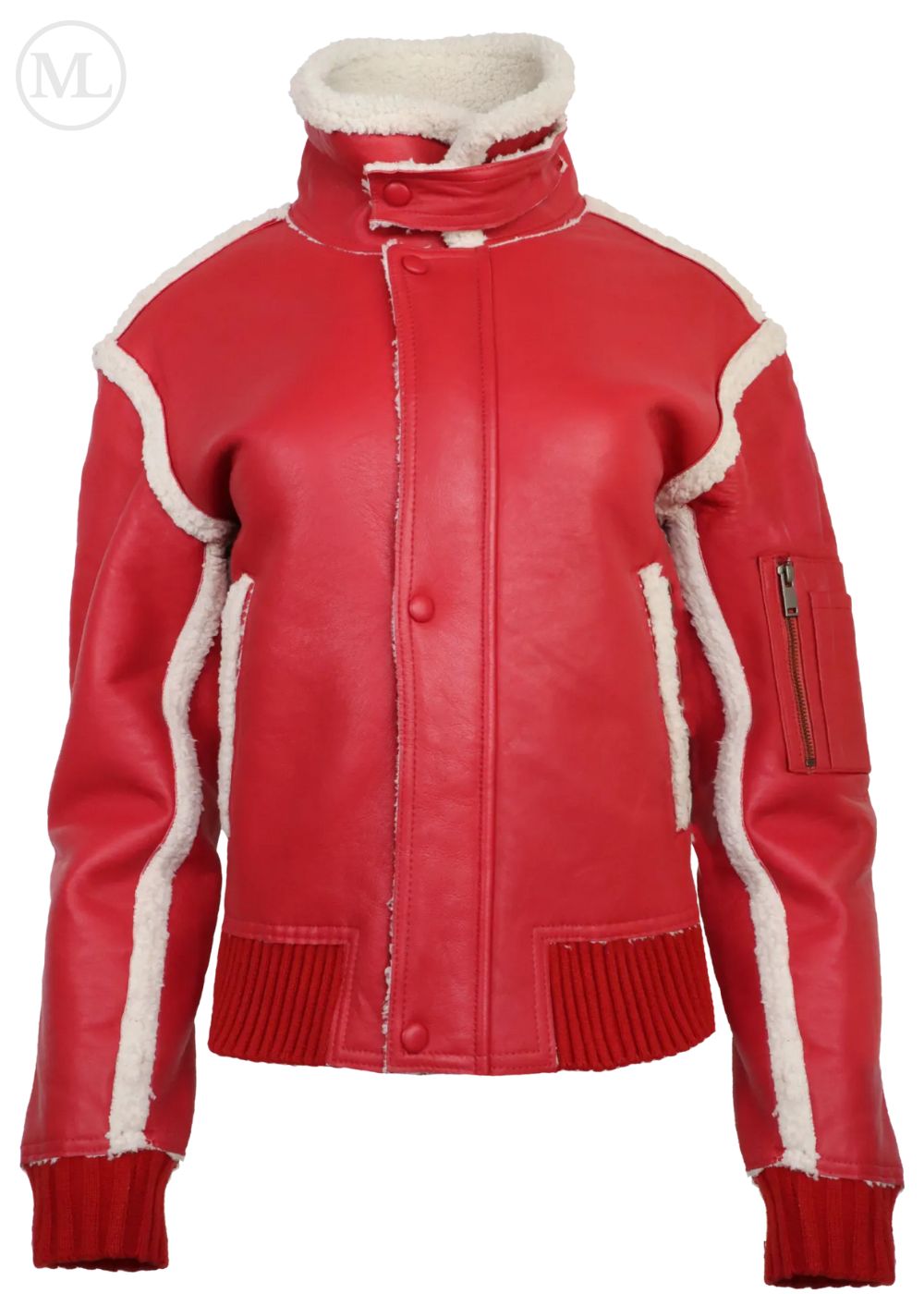 Red leather aviator jacket with white trim on a white background