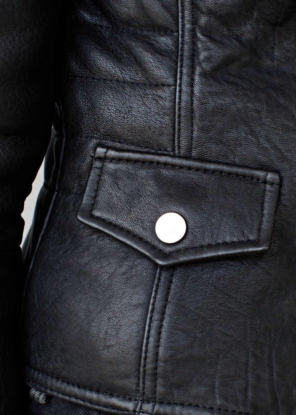 closeup of a black leather jacket's pocket