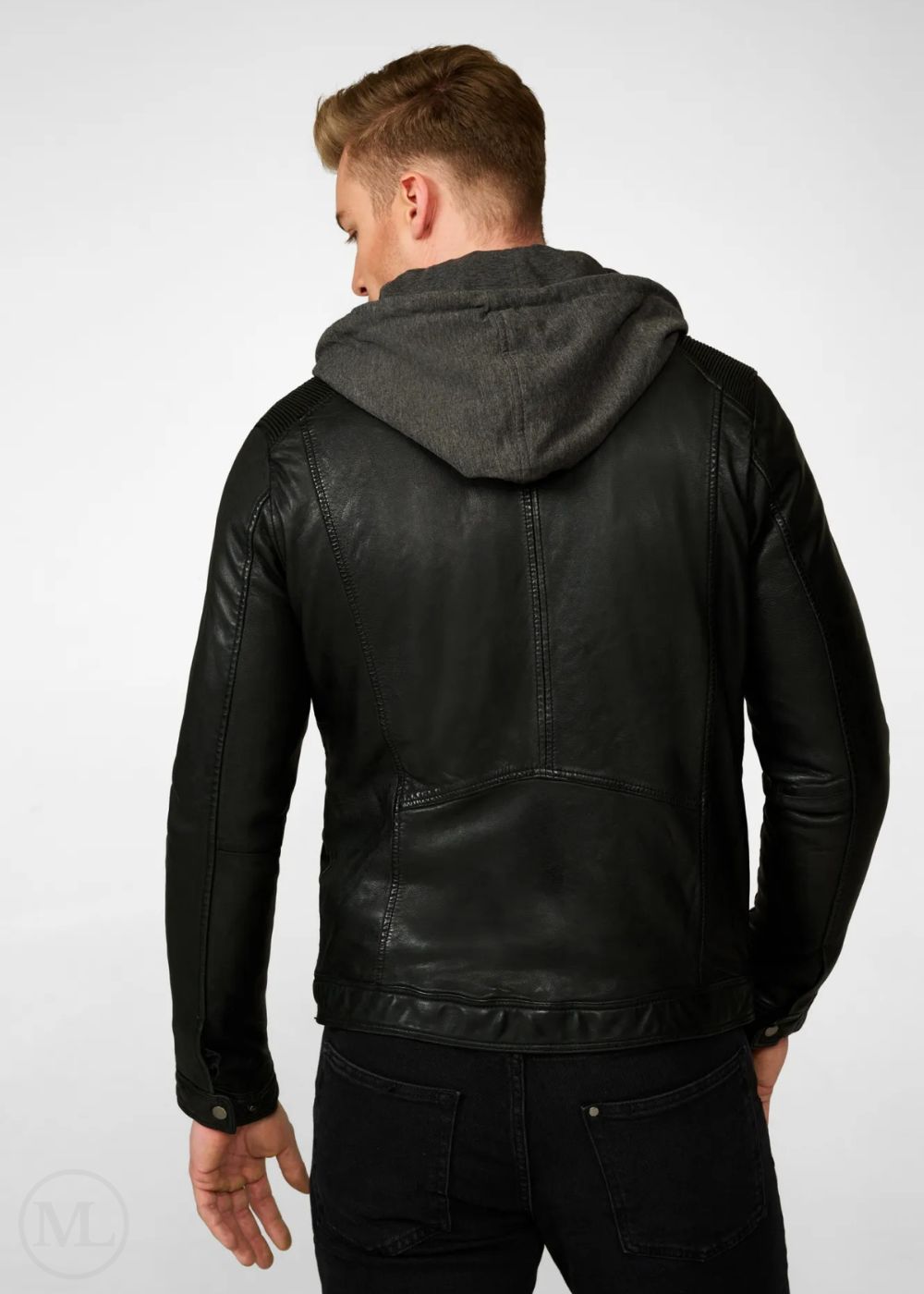 Man wearing a black leather jacket with a hood on a white background