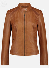 Camel leather biker jacket on a white background