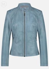 Ice Blue leather biker jacket on a white background