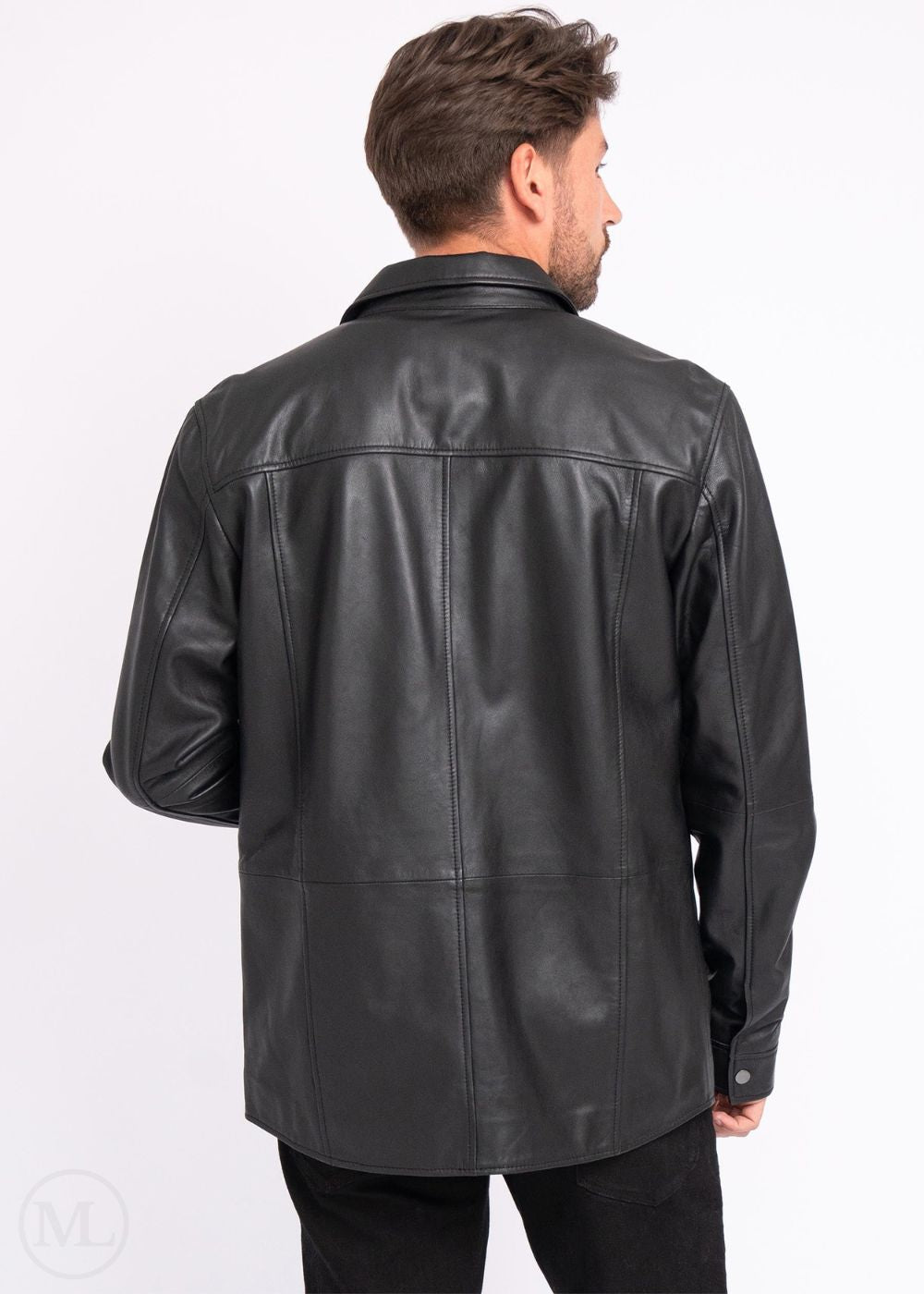 Man wearing a black leather jacket on a white background