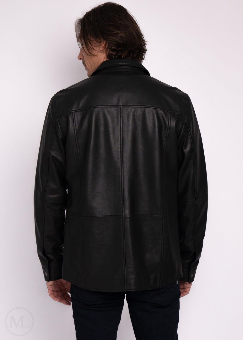 Man wearing a black leather jacket on a white background