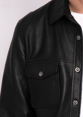 Black leather jacket with button details worn by a man on a white background