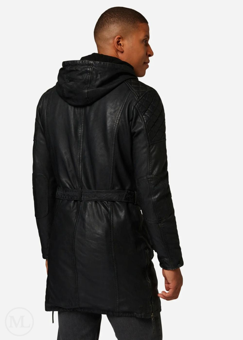 Man wearing a black leather coat with a hood on a white background