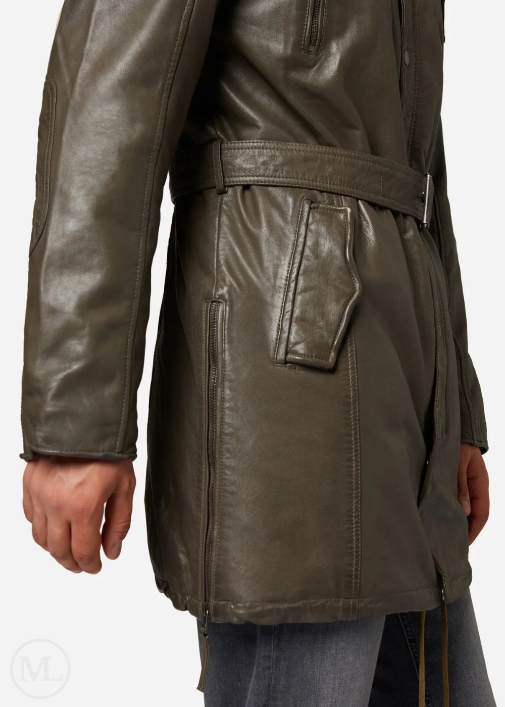 Olive green leather coat worn by a man on a white background