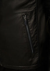 Close-up of a black leather biker jacket with a zipper detail on a dark background