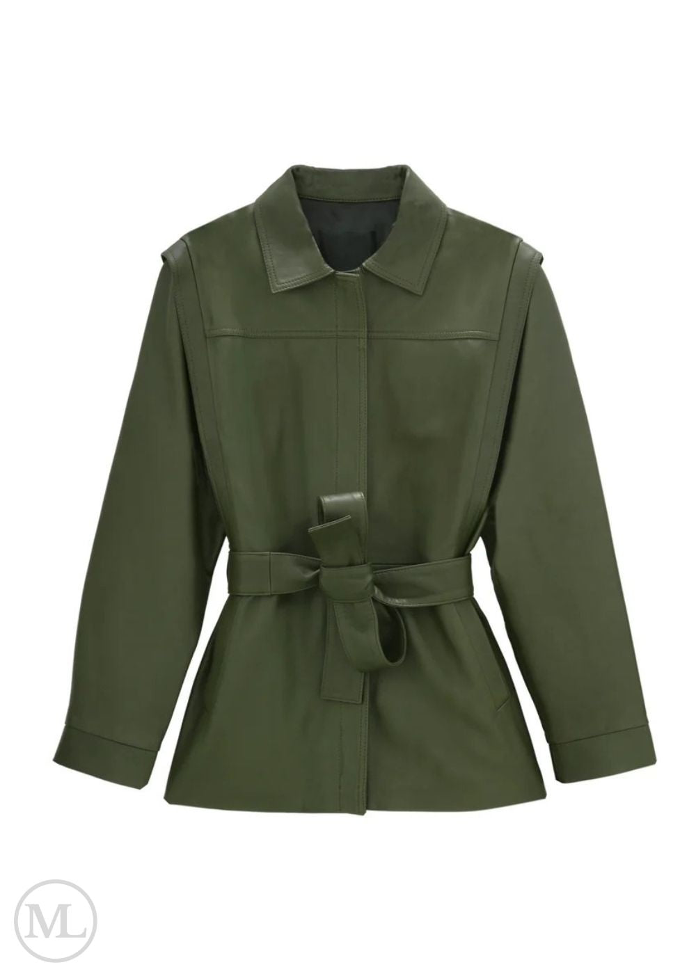 Olive Kahki Leather Coat jacket with a belt on a white background