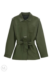 Olive Kahki Leather Coat jacket with a belt on a white background
