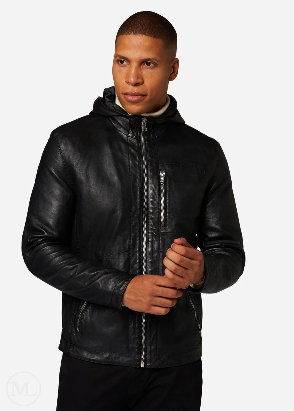 Man wearing a black leather hooded jacket on a white background