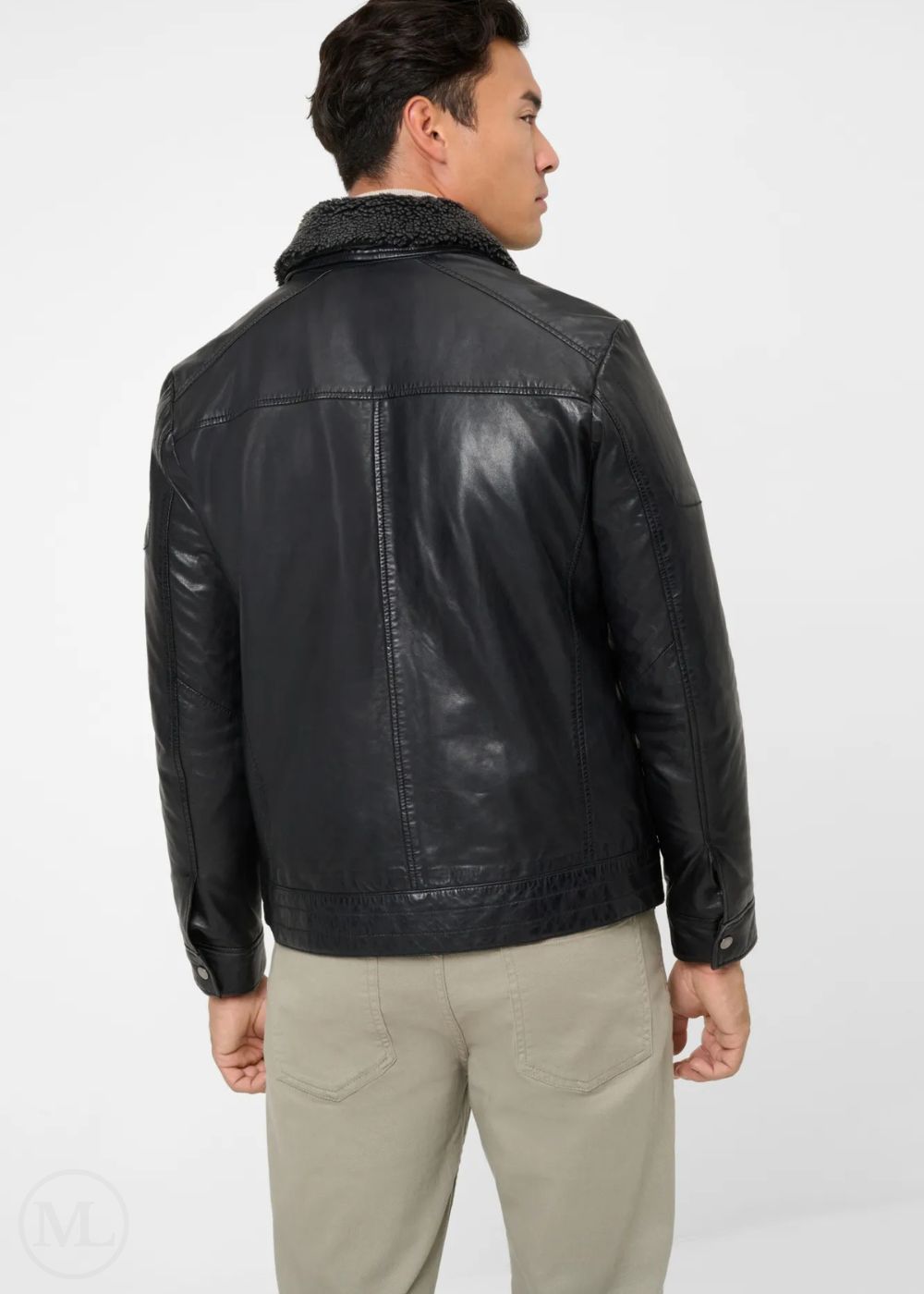 Man wearing a black leather jacket on a white background