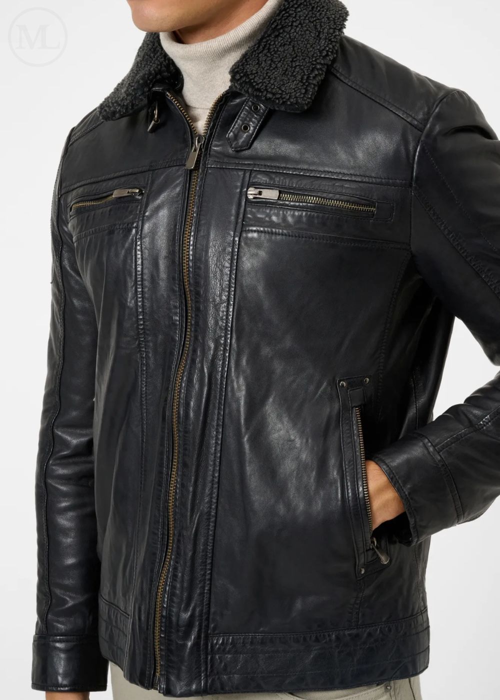 Man wearing a Black leather jacket with shearling collar on a white background