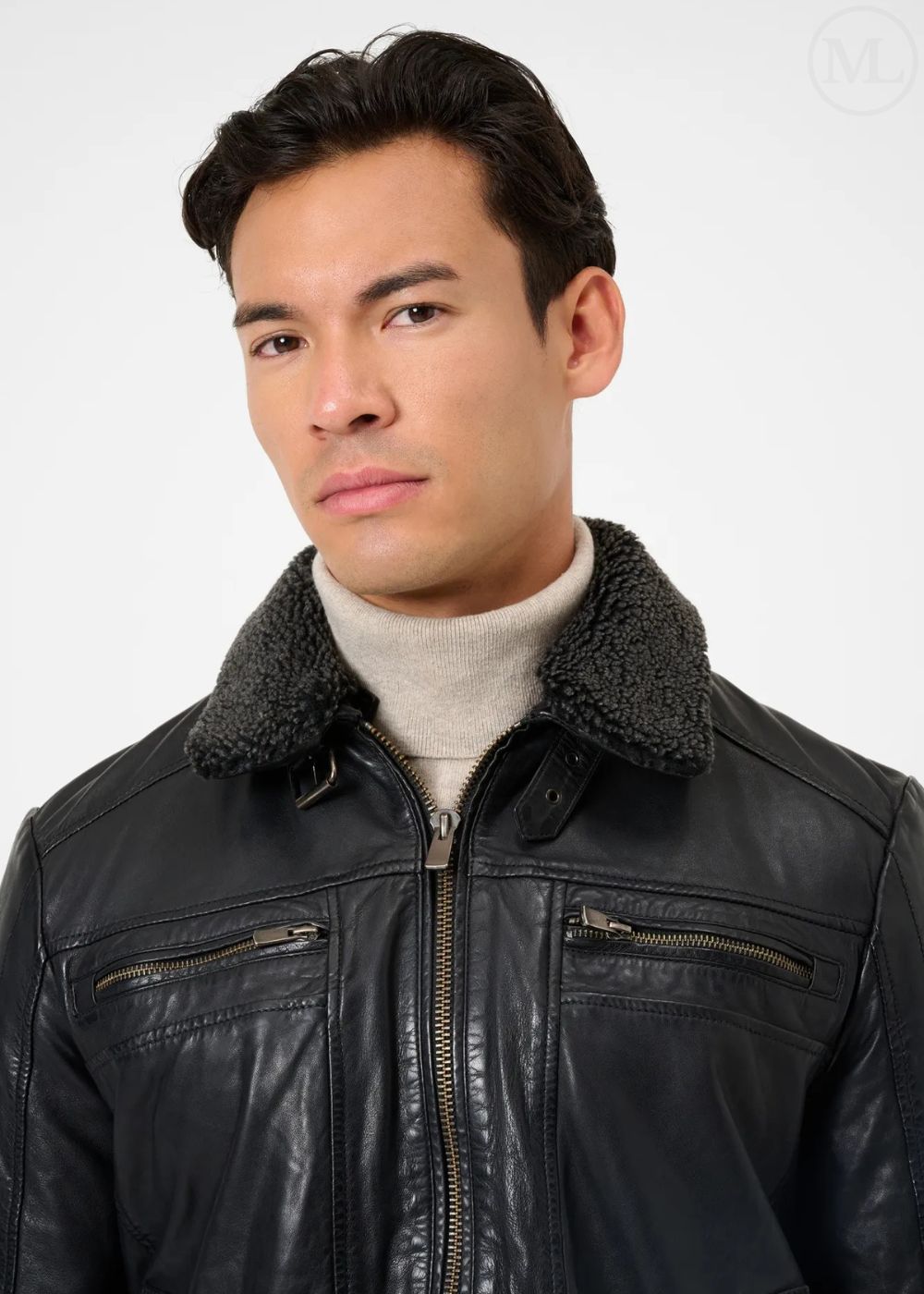 Man wearing a black leather jacket with a fur-lined collar on a white background
