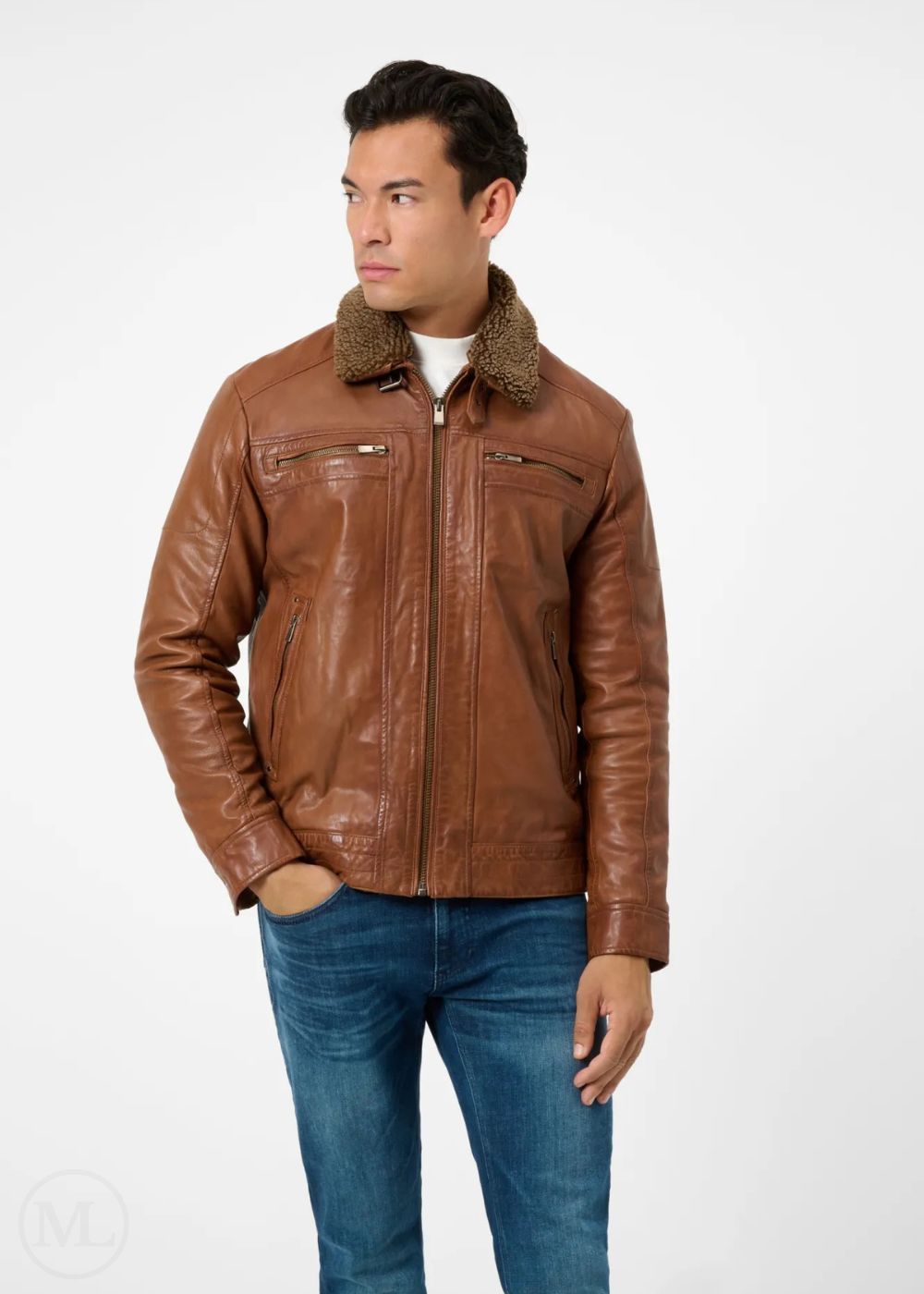Man wearing a cognac brown leather jacket with fur collar on a white background