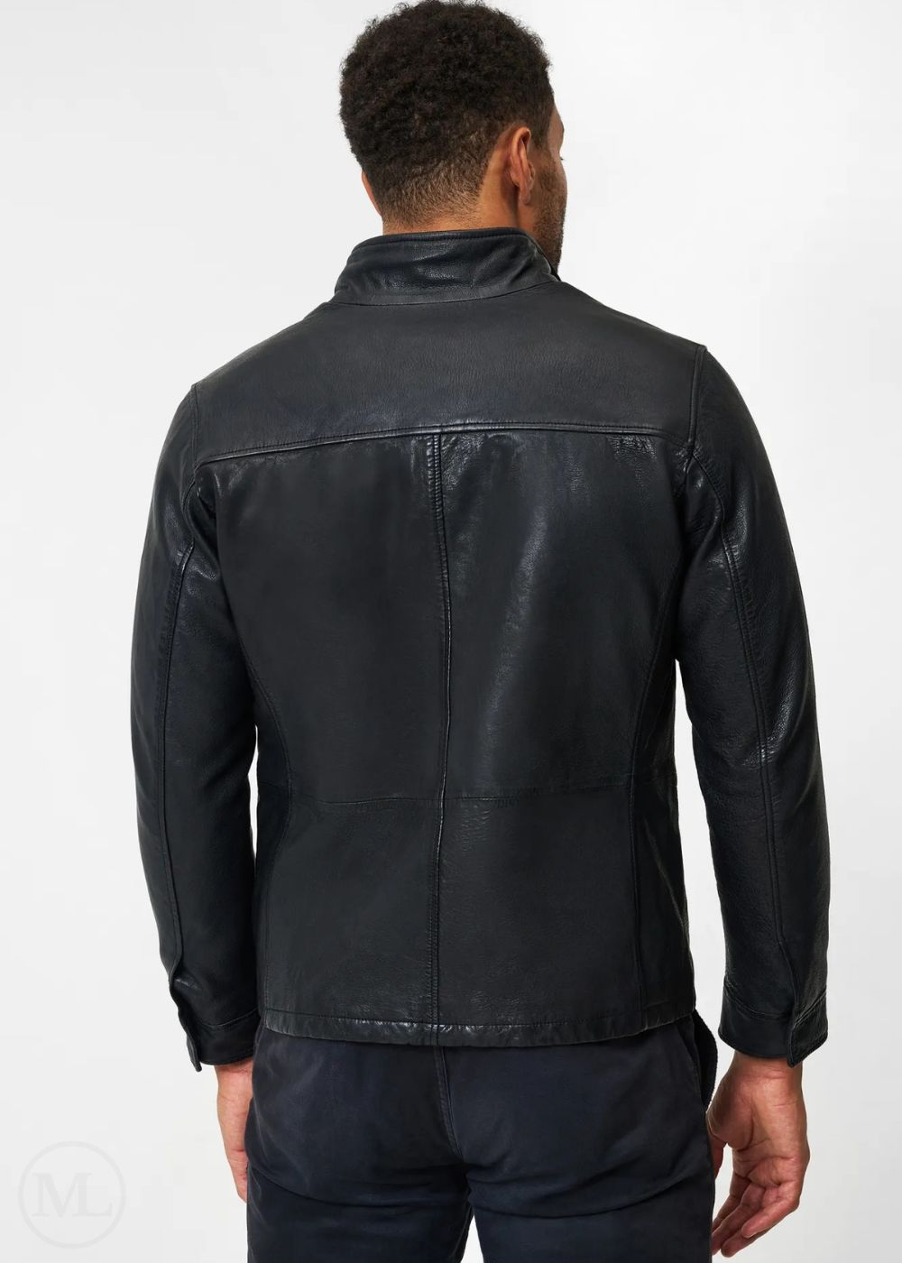 Man wearing a black leather jacket on a white background