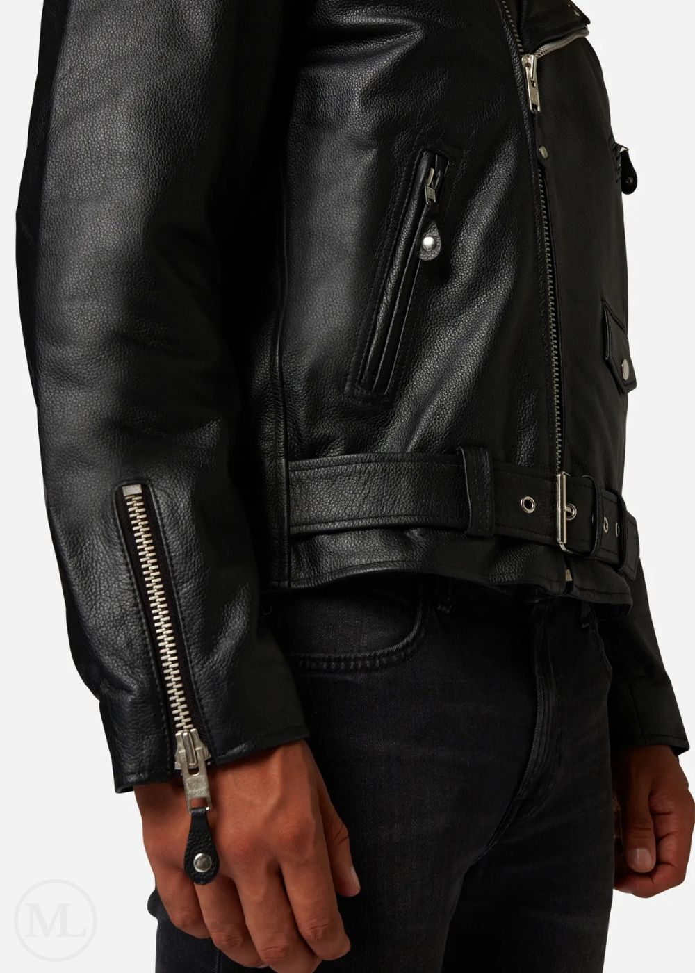 Black leather biker jacket with zippers worn by a man on a white background