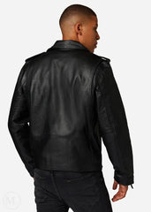 Man wearing a black leather biker jacket on a white background