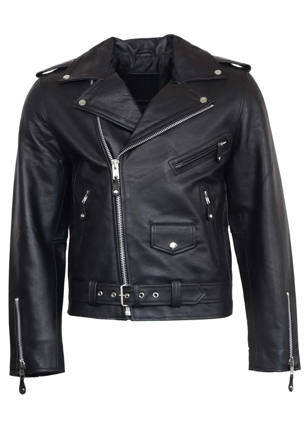 Black leather biker jacket with zippers on a white background