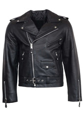 Black leather biker jacket with zippers on a white background