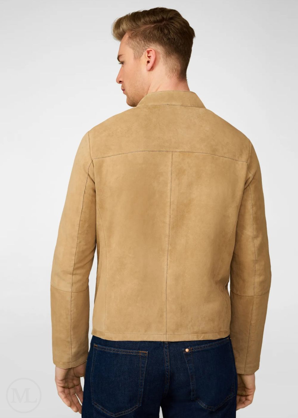 Man wearing a beige suede leather jacket on a white background