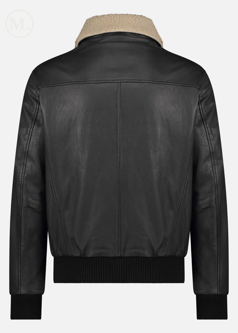 Black leather bomber jacket with beige interior on a white background