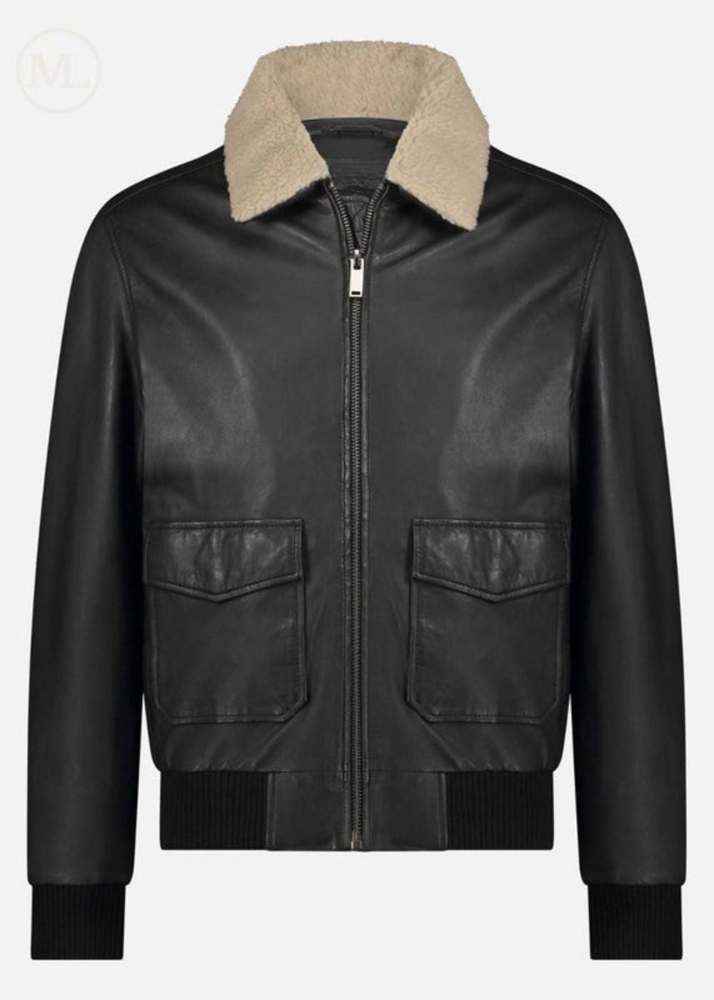 Black bomber leather jacket with beige shearling collar on a light gray background