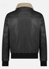 Black leather bomber jacket with beige interior on a white background